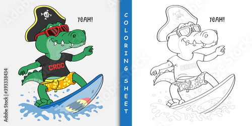Cartoon crocodile surfing, Coloring sheet 