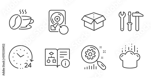 Coffee cup, Search statistics and Open box line icons set. Recovery hdd, Cooking hat and Spanner tool signs. 24 hours, Technical algorithm symbols. Roasted bean, Analysis, Delivery package. Vector