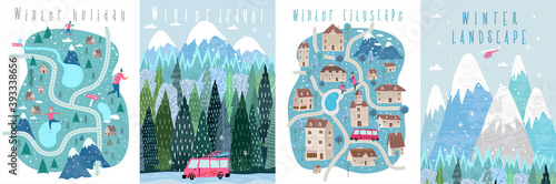 Set of vector illustrations. People in the winter in a hand-drawn Scandinavian style. Winter backgrounds, winter landscape, mountains, forests, ski resort, hotel and vacations.