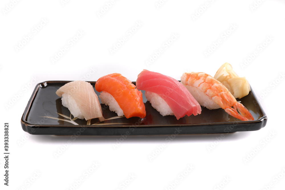 Sushi set , Japanese food sushi salmon tuna shrimp and sea bass isolated in white background Sushi set , Japanese food sushi salmon tuna shrimp and sea bass isolated in white background