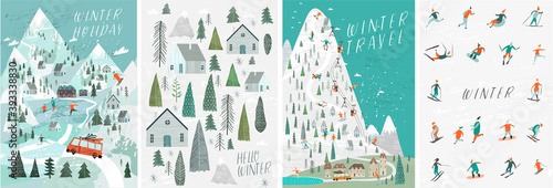 Set of vector illustrations. People in the winter in a hand-drawn Scandinavian style. Winter backgrounds, winter landscape, mountains, forests, ski resort, hotel and vacations.