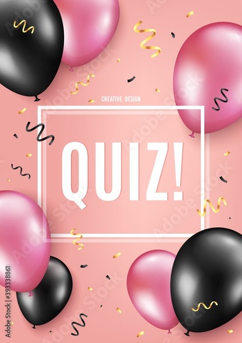 Quiz symbol. Balloon celebrate background. Answer question sign. Examination test. Birthday balloon background. Celebrate pink banner. Party frame message. Vector