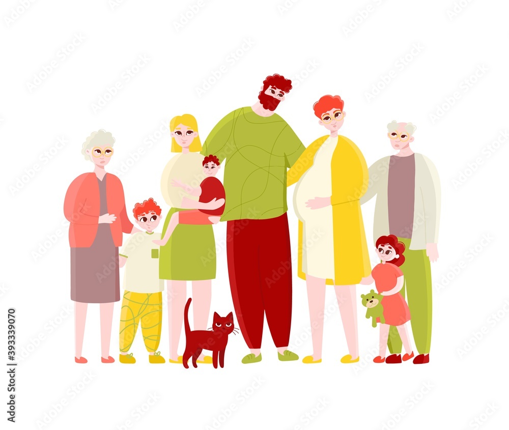 Big happy multi-generational family portrait. Young parent couple with pregnant wife, adult daughter with baby, children, senior grandparent and cat vector illustration isolated on white background Big happy multi-generational family portrait. Young parent couple with pregnant wife, adult daughter with baby, children, senior grandparent and cat vector illustration isolated on white background