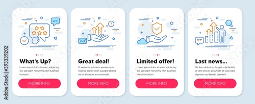 Set of People icons, such as Ranking star, Insurance hand, Analysis graph symbols. Mobile screen app banners. Employee results line icons. Click rank, Full coverage, Targeting chart. Chart. Vector