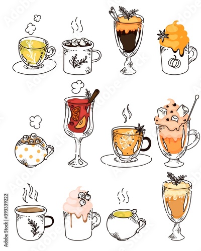 Hot drink in row. Herbal, berry tea, coffee, cocktail, mulled wine, cacao with marshmallow, cinnamon, fruit, vanilla or peppermint beverage outline sketch vector illustration on white background