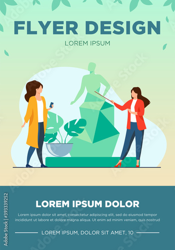 Guide telling about sculpture to tourists. Museum, travel, leisure flat vector illustration. Art and entertainment concept for banner, website design or landing web page