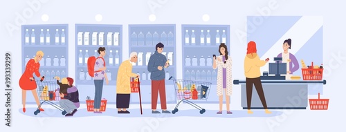 People shopper queue at supermarket counter desk. Old and young man woman customer holding basket with food stand in row, keep social distance at grocery shop cash box with cashier vector illustration