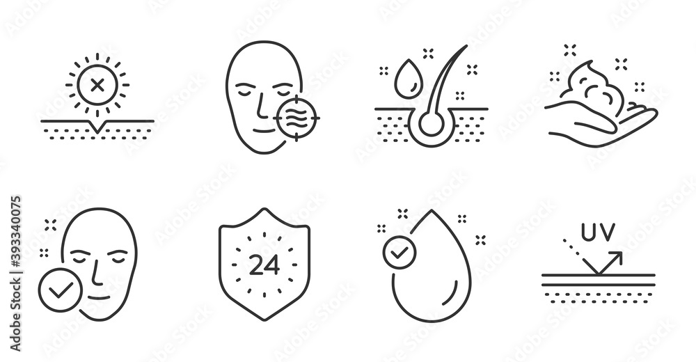 Vitamin e, Skin care and Uv protection line icons set. 24 hours, Problem skin and No sun signs. Serum oil symbol. Oil drop, Hand cream, Protection. Beauty set. Quality line icons. Vector