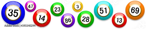 Bannière avec boules de loto multicolores sur fond blanc 