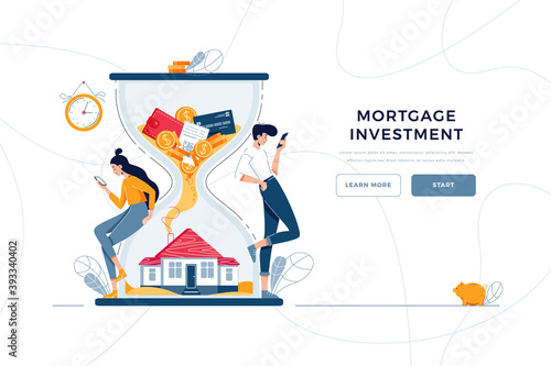 Mortgage investment landing page template. Rising housing market, concept for web. Man and woman buy a house waiting for generating income from long-term property investing. Flat vector illustration
