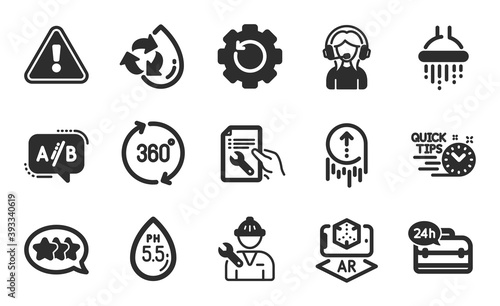 Stars, Ph neutral and Augmented reality icons simple set. Quick tips, Repairman and Recycle water signs. 360 degrees, Support and Recovery gear symbols. Swipe up, 24h service and Shower. Vector