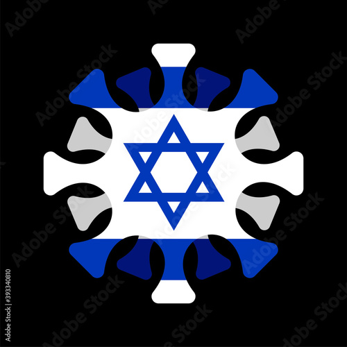 Coronavirus in Israel. Microbe COVID-2019 in Israeli flag. World epidemic. Pandemic. Country in lockdown
