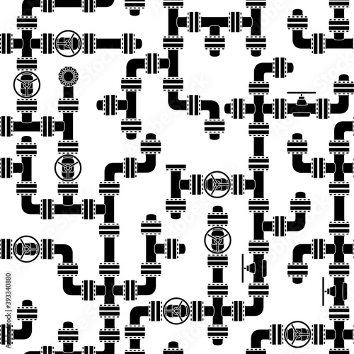 Seamless black and white abstract background with elements of pipeline network and handwheels.
