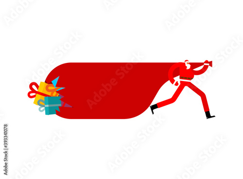 Santa carries Big Santa bag with gifts. New year and christmas greeting card