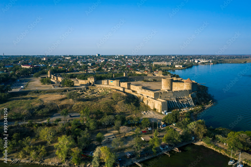 Spectacular panorama of Medieval Akkerman fortress.  Belgorod Dnestrovsky, Ukraine. Drone footage, morning golden hour.