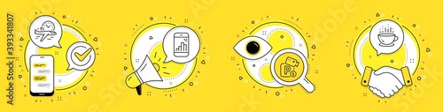 Flight time, Graph phone and Parking security line icons set. Cell phone, megaphone and deal vector icons. Coffee cup sign. Airplane clock, Mobile statistics, Video camera. Hot drink. Vector