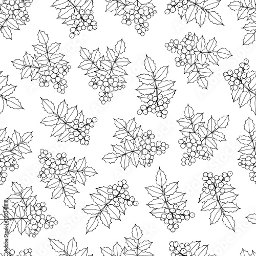 Mahonia aquifolium or Oregon grape  bush branch seamless pattern with leaves and berries in black and white color.  Hand drawn botanical vector illustration.
