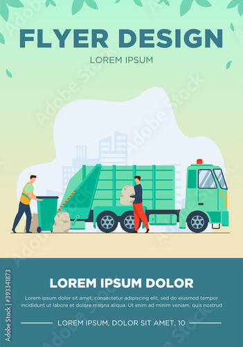 Trash pickup worker cleaning dustbin at truck. Man carrying trash in plastic bag flat vector illustration. City service, waste disposal concept for banner, website design or landing web page