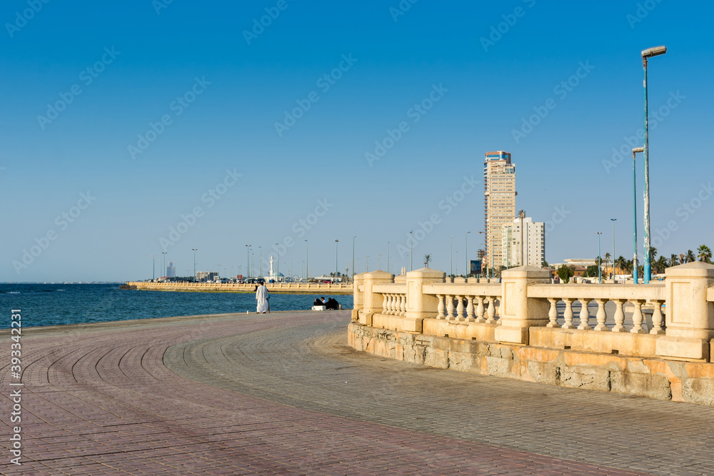 Public park of Jeddah Corniche, 30 km coastal resort area of Jeddah city with coastal road, recreation areas, pavilions and civic sculptures