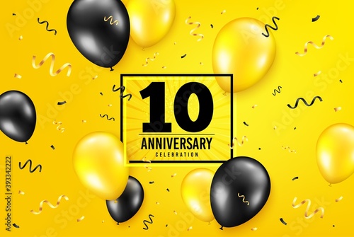 10 years anniversary. Anniversary birthday balloon confetti background. Ten years celebrating icon. Celebrate yellow banner. Birthday party balloon background. Age in a frame box. Vector