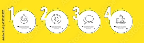 Call center, Augmented reality and Speech bubble line icons set. Timeline process infograph. Apartment insurance sign. Recall, Virtual reality, Chat message. Flat coverage. Business set. Vector