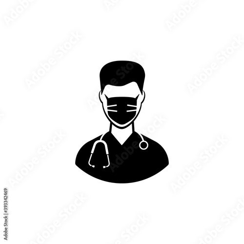 Male doctor icon. Solid black icon of a male doctor in a protective mask with a stethoscope. Precautions to protect against covid-19 virus infection. Vector illustration isolated 