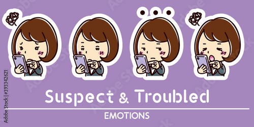 スマホと女性の表情セット / 疑う / 困る