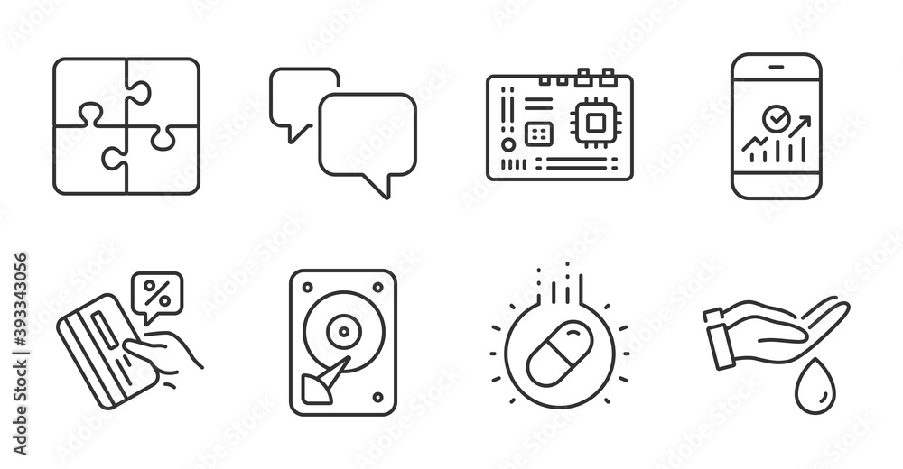 Hdd, Smartphone statistics and Puzzle line icons set. Capsule pill, Wash hands and Motherboard signs. Credit card, Speech bubble symbols. Hard disk, Mobile business, Engineering strategy. Vector Hdd, Smartphone statistics and Puzzle line icons set. Capsule pill, Wash hands and Motherboard signs. Credit card, Speech bubble symbols. Hard disk, Mobile business, Engineering strategy. Vector
