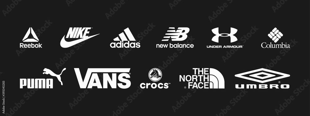 más También Polinizador Vector logos of popular sportswear brands. Nike, Adidas, Under Armour,  Puma, The North Face. Vector illustration vector de Stock | Adobe Stock