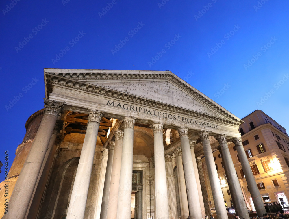 night view of the Roman building called Pantheon in the city of