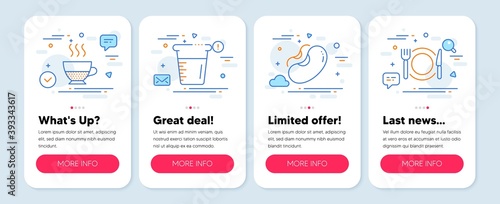 Set of Food and drink icons, such as Doppio, Cooking beaker, Beans symbols. Mobile screen banners. Restaurant food line icons. Coffee drink, Water, Vegetarian seed. Cutlery. Doppio icons. Vector