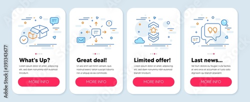 Set of Business icons, such as Shoulder strap, Packing boxes, Sms symbols. Mobile screen app banners. Quote bubble line icons. Star rank, Delivery package, Conversation. Chat comment. Vector