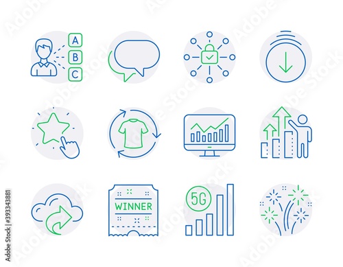 Business icons set. Included icon as Opinion, 5g wifi, Change clothes signs. Winner ticket, Cloud share, Talk bubble symbols. Scroll down, Statistics, Ranking star. Employee results. Vector