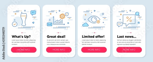 Set of line icons, such as Beer glass, Farsightedness, Coronavirus statistics symbols. Mobile screen mockup banners. Discount message line icons. Vector