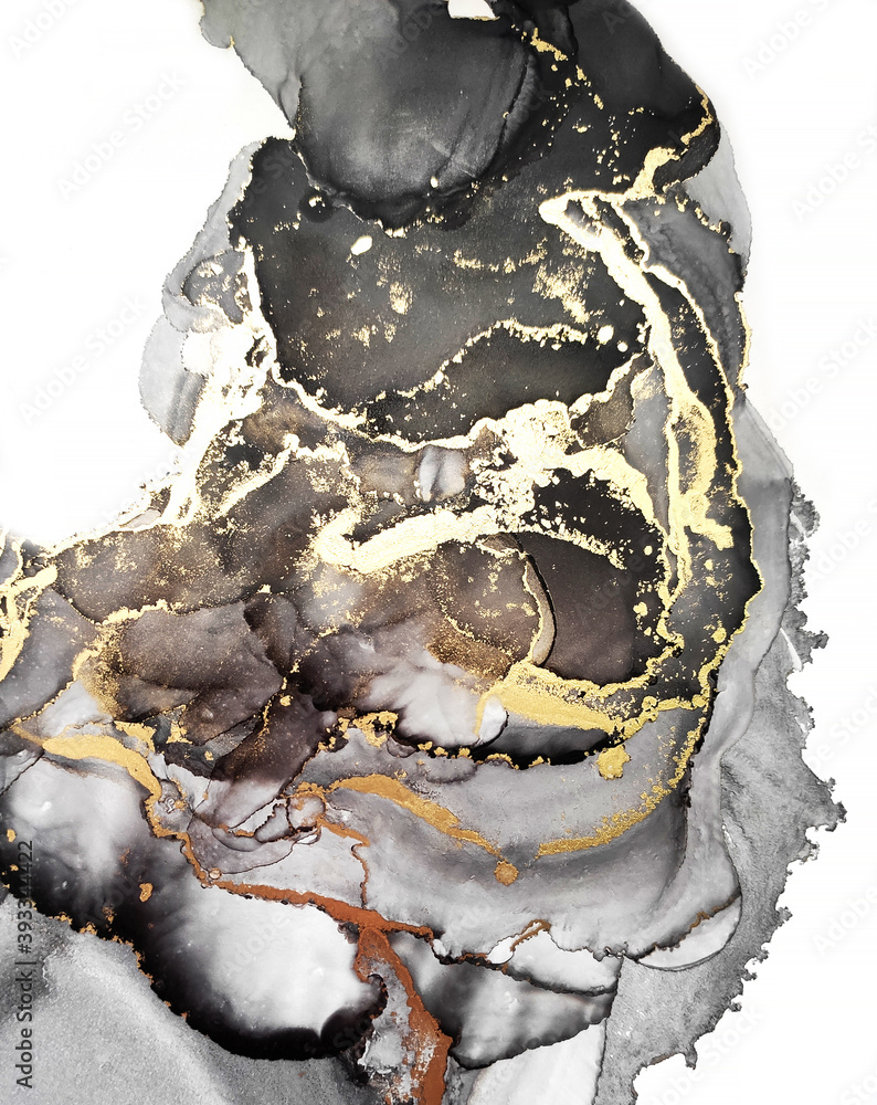 Fototapeta Luxury abstract fluid hand painted ink art, background in black, grey and gold colors. Marble stone design.