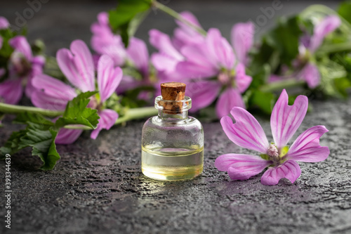 A bottle of essential oil with fresh blooming mallow or malva sylvestris plant