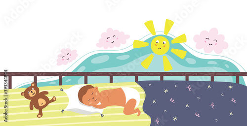 Newborn baby sleeping in a crib. Child lunchtime sleep. Vector flat illustration