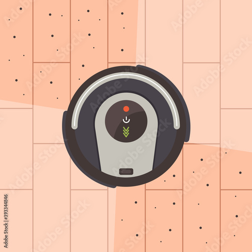 Robot vacuum cleaner top view cleans the floor. Modern wireless equipment for cleaning the apartment. Vector flat illustration