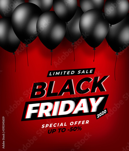 Black Friday black balloons vector graphic - Black Week red promo banner