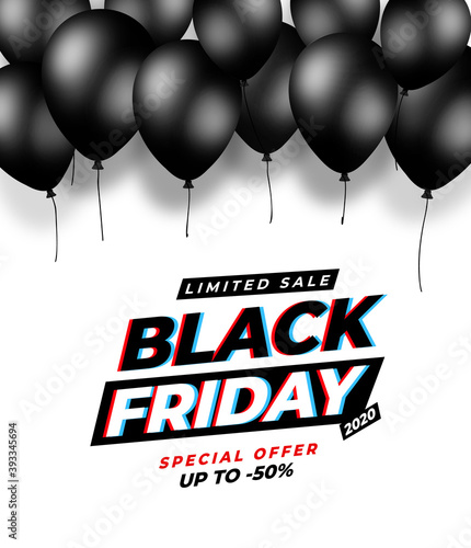 Black Friday black balloons vector graphic - Black Week white promo banner