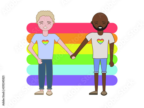 Two lovers and happy guys on a rainbow background. The LGBT theme. Vector image in eps format.