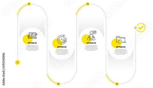 Vip shopping, 24h delivery and Copywriting notebook line icons set. Timeline process infograph. Recovery devices sign. Exclusive privilege, Stopwatch, Writer laptop. Backup data. Business set. Vector