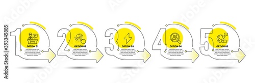 Energy, Exhibitors and Graph chart line icons set. Timeline process infograph. Search employees sign. Thunderbolt, Information desk, Get report. Staff analysis. Science set. Vector
