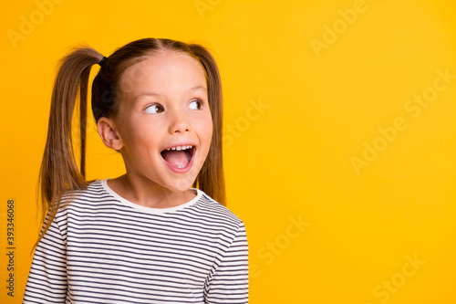 Fototapeta Portrait of happy excited amazed open mouth kid child girl look in copyspace iso