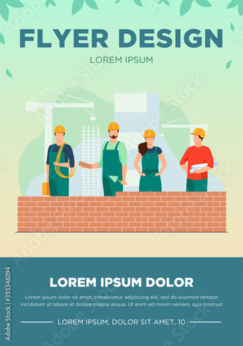 Professional builders making brick wall. Site, helmet, constructor flat vector illustration. Construction and engineering concept for banner, website design or landing web page