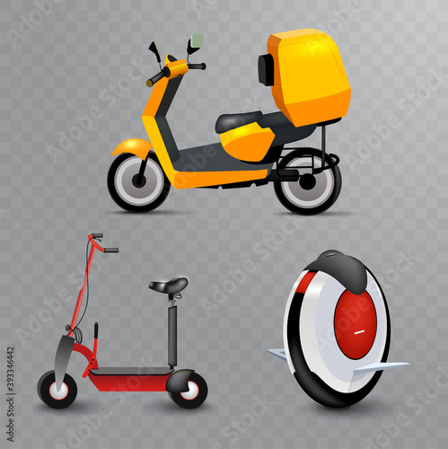 Realistic youth city transport set on transparent background. Kick scooter, mono wheel and bike. Modern alternative city transport. Ecological teenager transport, isolated icon.