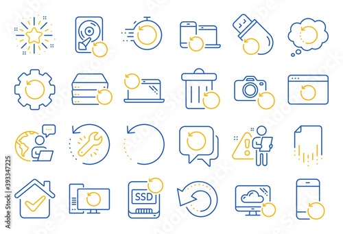 Recovery line icons. Backup, Restore data and recover document. Laptop renew, repair and phone recovery icons. Drive fix, restore information and return data. Backup document. Line icon set. Vector