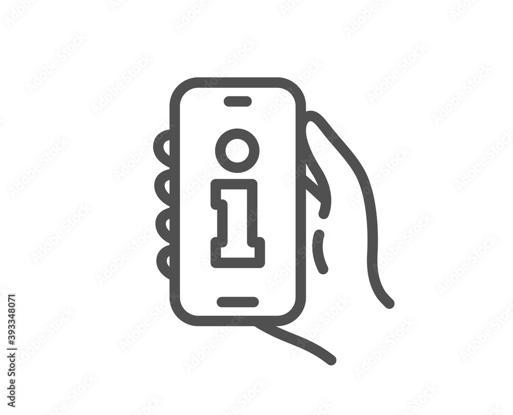 Info app line icon. Hand hold phone sign. Cellphone with screen notification symbol. Quality design element. Linear style info app icon. Editable stroke. Vector Info app line icon. Hand hold phone sign. Cellphone with screen notification symbol. Quality design element. Linear style info app icon. Editable stroke. Vector