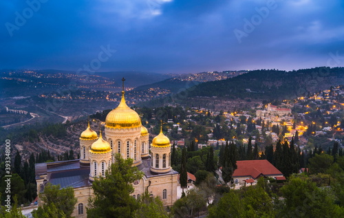 Gorny or "Moscobia" Convent - Russian Orthodox Church in the Judean Hills, with the Catholic church of John the Baptist and the Ein Karem neighbourhood of Jerusalem in the background