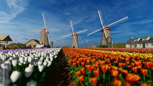 Old windmill and colorful tulips on a Dutch village